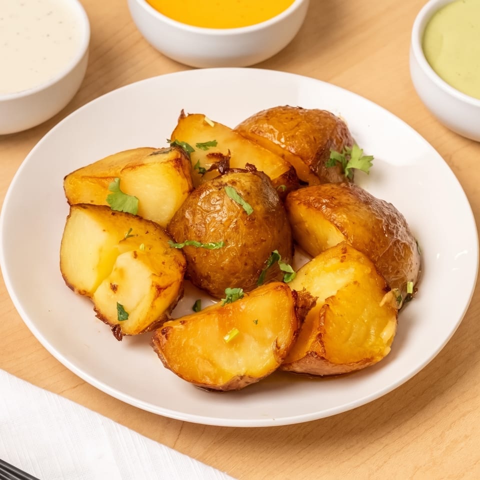Roasted potato wedges garnished with fresh herbs on a white plate, surrounded by bowls of dipping sauces.