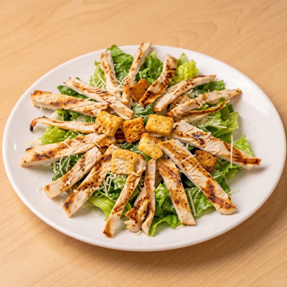 Grilled chicken Caesar salad with romaine lettuce, croutons, and shredded Parmesan on a white plate.