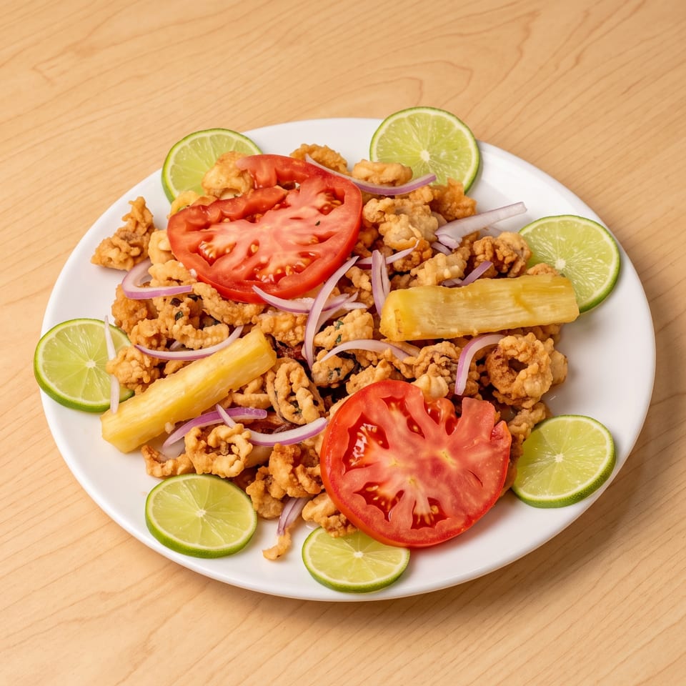 Plate of crispy fried seafood garnished with tomato, red onion, pineapple, and lime slices on a wooden table.