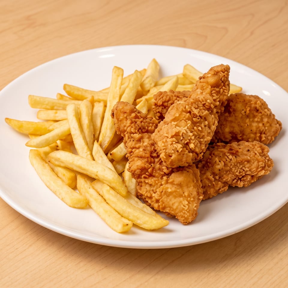 Plate of crispy fried chicken tenders and golden French fries on a white dish atop a wooden table.